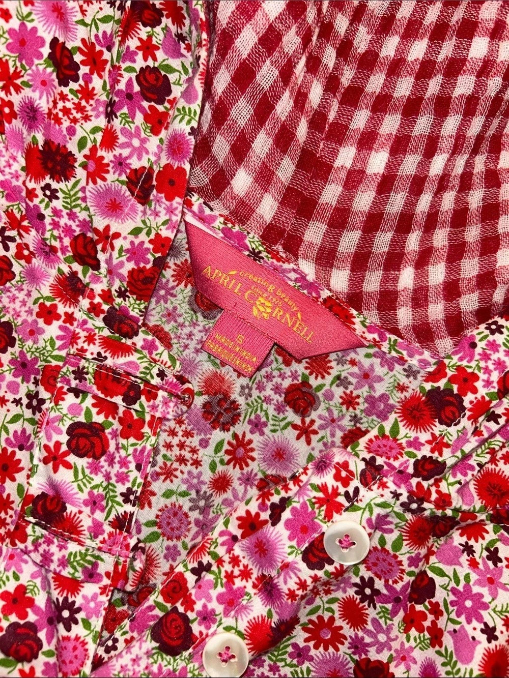 April Cornell Floral Gingham Maxi Dress in Red & Pink - Picture 2 of 6